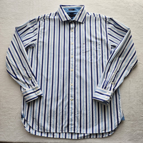 Tommy Hilfiger Other - Tommy Hilfiger Button Up Shirt Mens XL Blue White Striped Trim Fit Formal Event